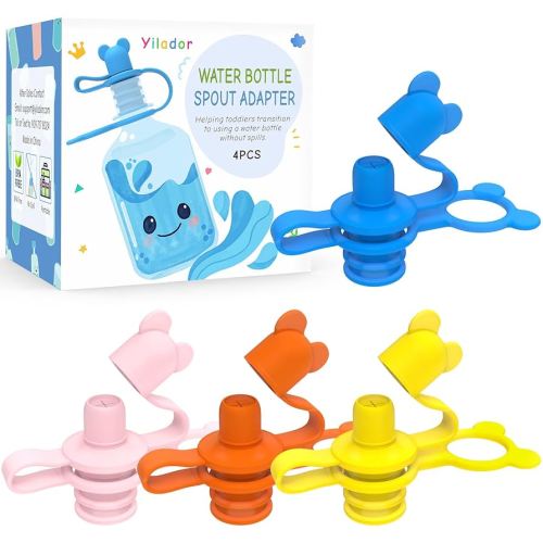 Silicone Water Bottle Cap for Toddlers, 28mm No Spill Top Spout, Kids Travel Essentials - Help Toddler Baby Transition Bottles, BPA Free, Leakproof, Reusable (Orange, Blue, Pink, Yellow)