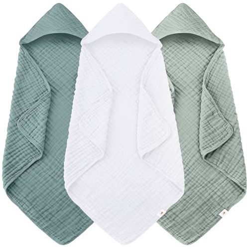 Sunny zzzZZ Muslin Hooded Baby Bath Towels - 3 Pack 100% Cotton Soft Low-Saturation Pastel Towels Including Classic White for Newborns, Infants, Toddlers - 32x32 Inch - Light Emerald and White