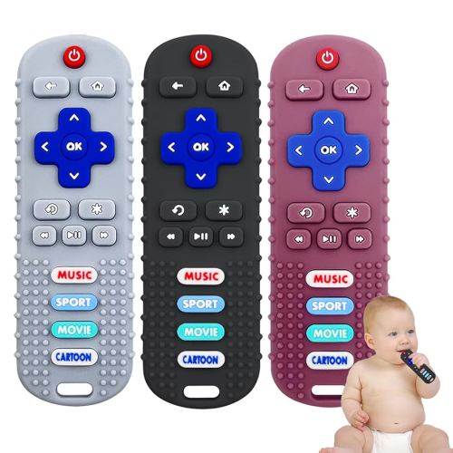 3 Pack Baby Teether Toys - TV Remote Control Shape Silicone Toddler Teething Toys for Babies 6-12 Months (Black&Deep Red&Beige)