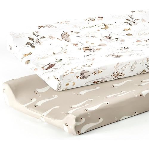 GRSSDER Stretch Ultra Soft Jersey Knit Changing Pad Cover Set 2 Pack, Change Table Pad Covers Fit 32"/34" x 16" Pads Safe and Snug, Pretty Pattern for Baby, Happy Party