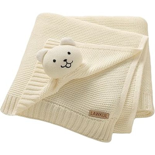 LAWKUL Baby Blanket Bear Lovey Soft Plush Security Blanket for Newborns Infants Boy Girl Knit Snuggle Comfort White 40x30in