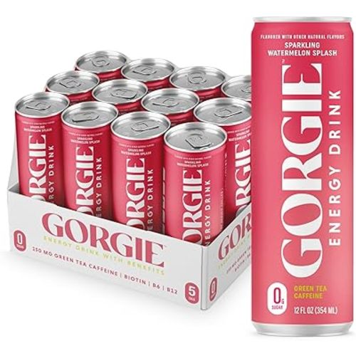 GORGIE Sugar Free Natural Energy Drinks, Sparkling Watermelon Crush (12 Pack) - Healthy Energy Drink - Natural Coffee Replacement with Green Tea Caffeine and Biotin, 150mg Caffeine, Vegan, Low Calorie