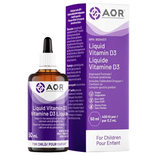 AOR Kids Vitamin D3 400 IU Drops 50 ml 250-Servings - Vegan, Non-GMO & Gluten-Free - Organic Cholecalciferol with Calcium for Children - No Preservatives or Sugar - Support for Strong Bones & Immune