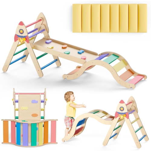 KidsBuddy Pikler Triangle Set with Cushion, 9-in-1 Kids Climbing Toys for Toddlers 1-3 Inside,Montessori Toddler Climbing Toys Indoor,Baby Playground for Children (Rocket Pattern)