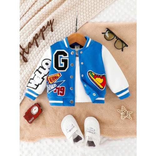 Baby Boy Letter Patched Striped Trim Varsity Jacket Without Tee
