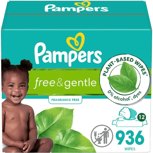 Pampers Free & Gentle Baby Wipes, 99% Water, Hypoallergenic, Unscented, 100% Plant Based, Plastic-Free Baby Wipes, 936 Baby Wipes Total (12 Flip-Top Packs)
