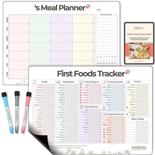 100 First Foods Chart & Weekly Meal Planner Magnetic Checklist Baby Solid Food Tracker | 101 Before One Baby-Led Weaning Feeding Essential for 6+ Months w 3 Bonus Markers Large 35x25 cm