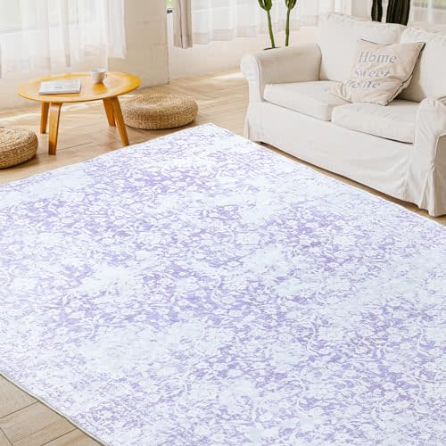 DUKINO Washable Area Rug 6x9, Boho Low-Pile Rugs for Living Room, Non Slip Rubber Backing Girls Rugs, Soft Vintage Rug for Nursery, Living Room, Bedroom, Dining Room, Office, Purple