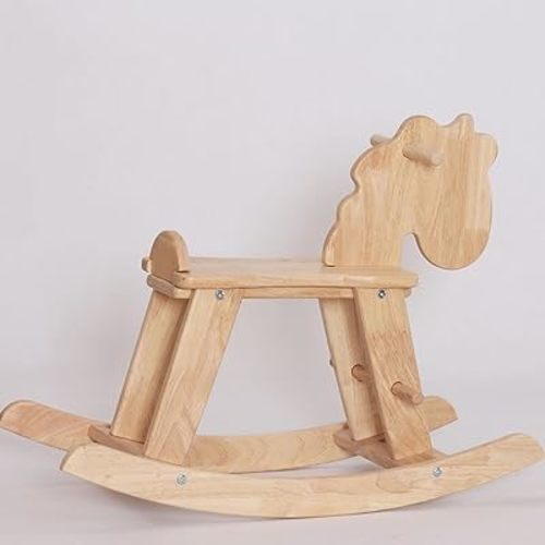 Natural Wooden Rocking Horse for Preschool (Ages 3-6) - Solid Rubber Wood, Safe & Comfortable Footrest, Smooth Surface for Decoration, Supports Physical & Cognitive Growth