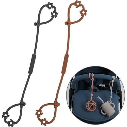 Toy Safety Straps, Silicone Pacifier Clips Sippy Cup Strap Stretchable Adjustable for Strollers, High Chair, Cribs, Hanging Baskets, BPA Free, 2 Pack (Clay+Dark Grey)