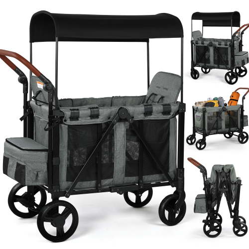 Vomeast 3-in-1 Wagon Stroller, 2-Seater with Canopy, 5-Point Harness, All-Terrain Wheels, Grey