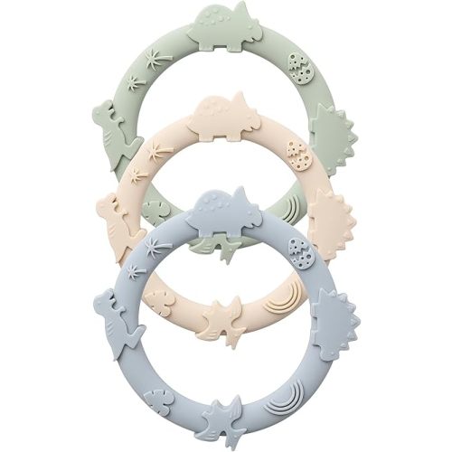 Silicone Teethers for Babies 0-6 6-12 Months Teething Toys for Infants Baby Chew Toys for Sucking Needs Baby Teething Rings for Infant Boys and Girls 3 Pack-Dinosaur-Blue