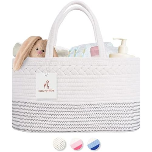 luxury little Diaper Caddy Organizer, Extra Large Cotton Rope Nursery Basket, Changing Table Organizer for Baby Diaper Storage, Portable Car Organizer with Removable Divider, Baby Shower Gifts