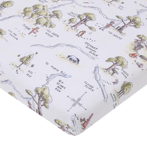 Disney Classic Winnie The Pooh Sage, Tan, and White, Map of 100 Acre Woods Super Soft Nursery Fitted Mini Crib Sheet