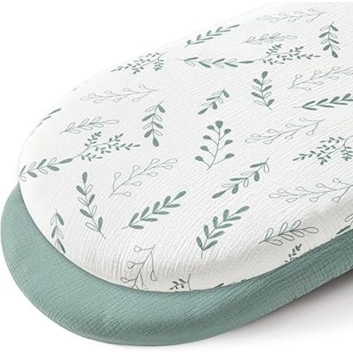 JELLYMONI 2-Pack Muslin Bassinet Sheets for Girls Boys, 100% Cotton Bassinet Mattress Sheets Soft Breathable Universal Fit for Baby Bassinets, Moses Basket, Hourglass Oval and Rectangle Mattress