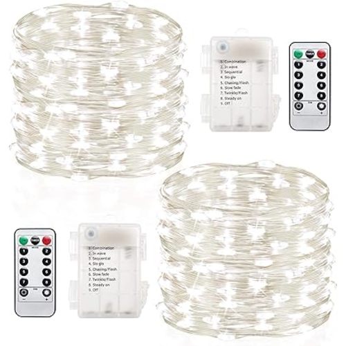 GDEALER 2 Pack Fairy Lights Christmas Decor 20 Ft 60 Led Battery Operated Christmas Lights with Remote Waterproof Twinkle Lights 8 Modes Fairy String Lights for Party Bedroom Wedding Decorations-White