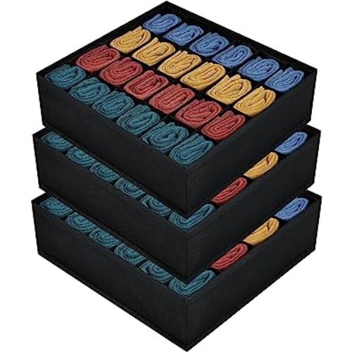 Joyoldelf Sock Drawer Organizer 3 Pack Sock Underwear Organizer Dividers 72 Cells Fabric Foldable Cabinet Closet Organizers and Storage (Black)