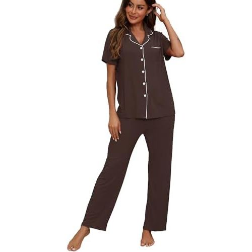 Womens Pajamas Sets 2 Piece Button Up Pj Sets Short Sleeve with Long Pant