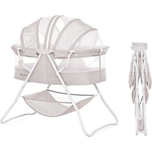 Dream On Me Karley Bassinet in Cool Grey, Lightweight Portable Baby Bassinet, Quick Fold and Easy to Carry , Adjustable Double Canopy, Indoor and Outdoor Bassinet with Large Storage Basket.