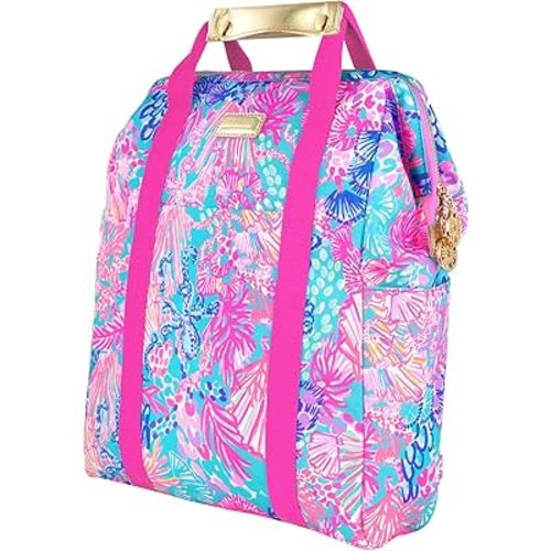 Lilly Pulitzer Insulted Backpack Cooler Large Capacity, Pink/Blue Portable Soft Cooler Bag for Picnics, Beach, Pool, Hiking
