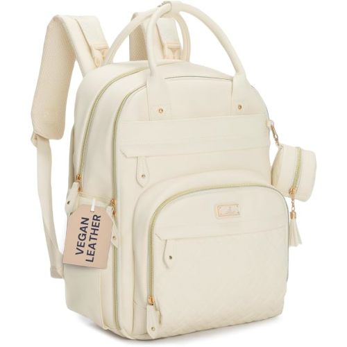 BabbleRoo Leather Diaper Bag Backpack - Baby Essentials Travel Baby Bag, Multi function, Water Resistant, with Changing Pad, Stroller Straps & Pacifier Case – Unisex, Eggshell White