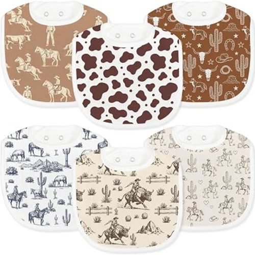 6-Pack Baby Muslin Drool Bibs for Boys, Western Cowboy Drool Bibs Soft Cotton Infants Teething Bib Extra Absorbent Adjustable Snap Feeding Bib for Newborns Infant Toddlers Cow Cactus Rodeo Theme Gift