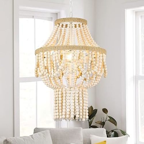 ELYONA 3-Light Large Birch Wood Beaded Chandelier, 16 Inch Boho Farmhouse Pendant Light Feature, Rustic Hanging Light, Country Chandelier for Bedroom, Kitchen, Dining Room, Living Room, Entryway