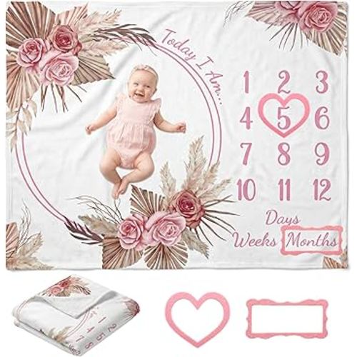 Warmther Baby Monthly Milestone Blanket, 40"x50" Flannel Monthly Milestone Photo Backdrop, Washable & Dryable, Floral Boho