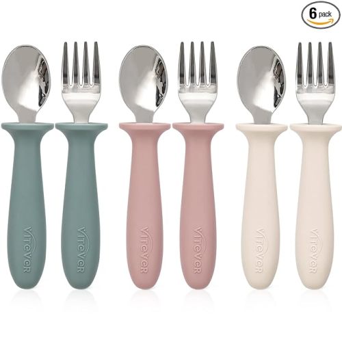 VITEVER 6 Pieces Toddler Utensils, Kids Silverware Set with Silicone Handle, Children Safe Spoons and Forks, 18/8 Stainless Steel, Food-grade Silicone - Dishwasher Safe
