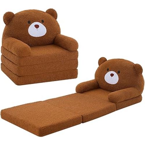 MOONBEEKI Comfy Toddler Chair, Kids Couch Fold Out to Lounger, Foldable Baby Sofa Plush for Girl and Boy Age 18 Months and Up ( Brown Bear)