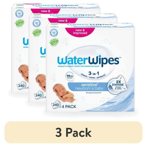 (3 pack) WaterWipes Sensitive+ Newborn & Baby Wipes, 3-In-1 Cleans, Cares, Protects, 99.9% Water, Unscented & Hypoallergenic, 4 Packs (240 Wipes)