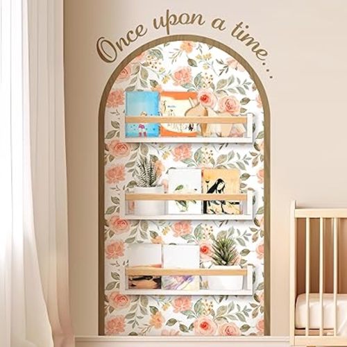 Pinkunn Flower Arch Wall Decals with Wooden Book Shelves Once Upon a Time Sign Decals Peel Bedroom Reading Corner Decor Hanging Decor for Family Wall Bookshelf Bedroom Living Room