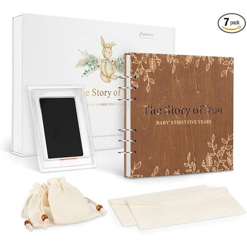 Wooden Keepsake Baby Memory Book Box Boys & Girls, First 5 Years Baby Milestone Book Gender Neutral Journal Memory Scrapbook, Baby Shower Keepsake Gift Set (Included Ink Pad/Keepsake Bags/Envelopes)