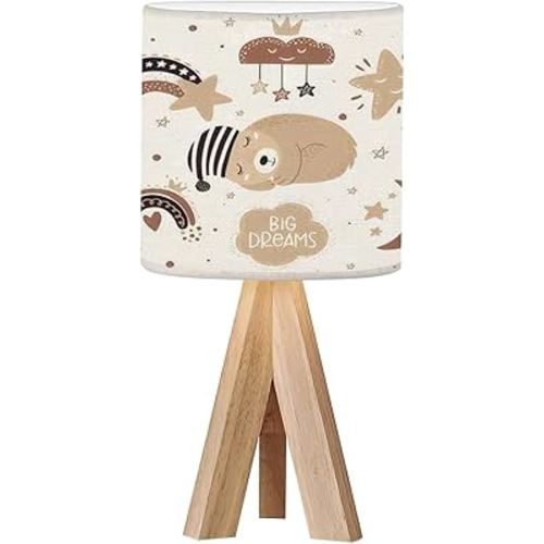Tripod Bedside Desk Table Lamp Childrens Clipart a Bear Pastel Colors Fabric Cartoon Wood Nightstand Lamp with Linen Fabric Shade for Nursery Bedroom Living Room Kids Room