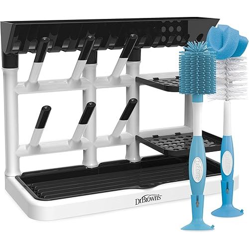 Dr. Brown's Drying Tower, Stand-Up Rack with Baby Bottle Brush Soft Touch and Sponge Brush, Blue Variety Pack