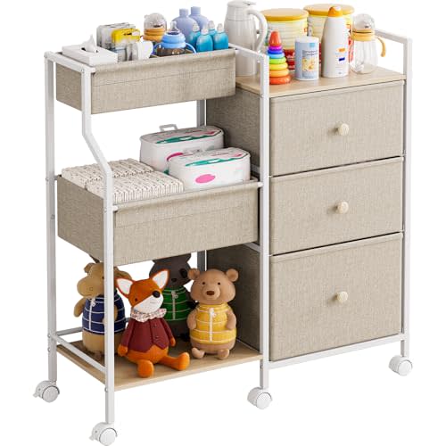 Modanais Baby Organizer and Storage - 3 Tier Rolling Cart with Dividers and Drawers, Easy to Assemble, Mobile Utility Cart with Wheels for Nursery, Bedroom, Changing Table & Crib,Off White