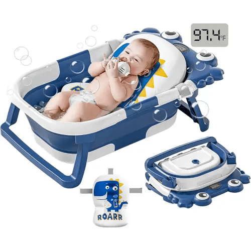 Collapsible Baby Bathtub for Newborns to Toddler with Real-time Temp Monitor & Floating Cushion,Portable Travel Tub for 0-36 Month, Foldable Baby Bath Tub for Infants Boy (Blue)