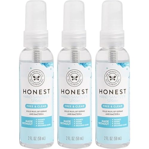 The Honest Company Plant-Based Hand Sanitizer Spray | Kills 99.9% of Germs | Hypoallergenic, Quick-drying + Moisturizing | Fragrance Free, 2 fl oz each (pack of 3)