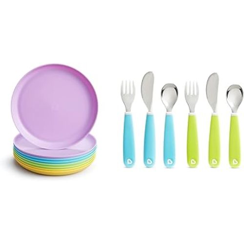 Munchkin® Multi™ Baby and Toddler Plates, 8 Pack & Splash™ Toddler Fork, Knife and Spoon Utensil Set, 6 Pack, Blue/Green