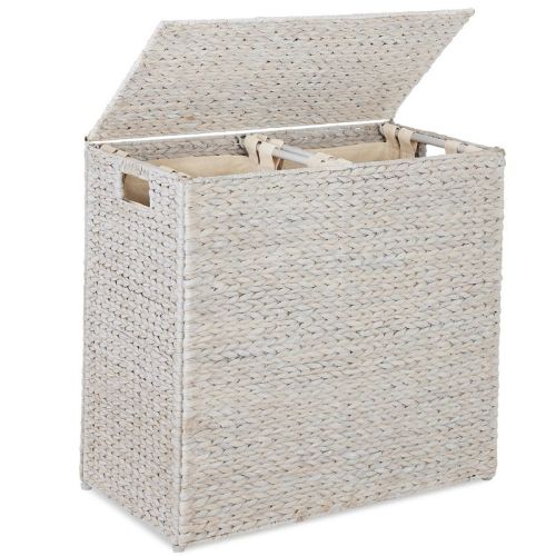 Best Choice Products Large Natural Water Hyacinth Double Laundry Hamper Basket W/ 2 Liner Bags, Handles - Gray