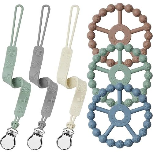 Silicone Ring Teether and Pacifier Clip, Seposeve Pack of 3 Baby Pacifier Teether Clip for Babies 0-6 Months, Teething Ring Toys, Keeps Teethers Clean, 6-12 12-24 Months
