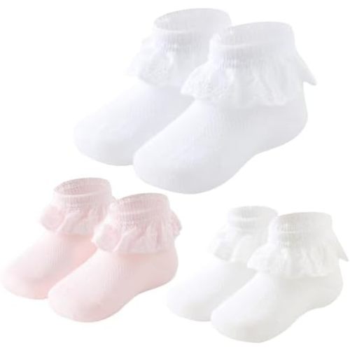 Baby Girls Socks Eyelet Ruffle Lace Frilly Dress Socks for Newborn Infant Toddler 3/6 Pairs