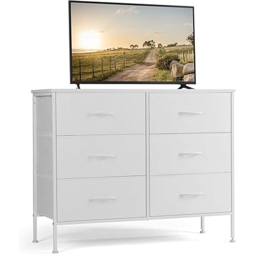 DUMOS 31.5" Dresser Style TV Stand with 6 Fabric Drawers, Small Space Media Console for Bedroom & Living Room, White