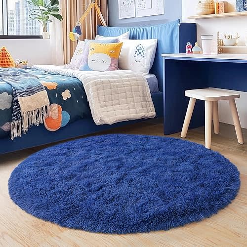 5'x5' Blue Round Rug for Bedroom, Ultra Soft Fluffy Circle Rug for Kids Girls Boys Room, Cute Shag Rugs for Living Room Playroom Teen Room Home Decor Rug