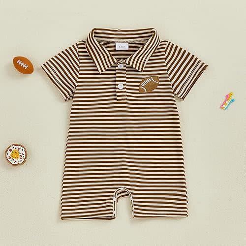 Karuedoo Newborn Baby Boy Football Outfit Embroidery Stripe Button Down Collared Shirt Romper Short Sleeve Jumpsuit Bodysuit