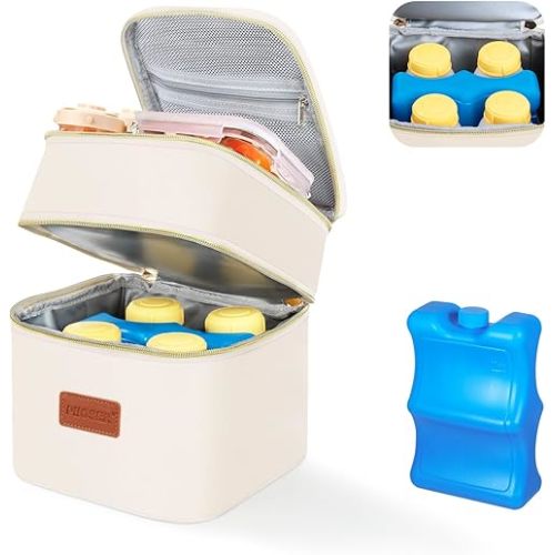 PIIOSER Breast Milk Storage Cooler Bag with Ice Pack, Fits 4 Baby Bottles Up to 5 Ounce, Small Insulated Breastmilk Cooler Travel Bag with Handle Buckle for Nursing & Working Mom Daycare, Cream