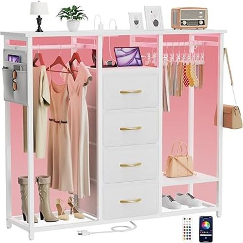 Dresser for Bedroom with 2 Clothes Racks,4 Drawer Dresser with Led Light and Charging Station,White Dresser with Hanging Rack,Dresser with Side Pocket and Hooks,White