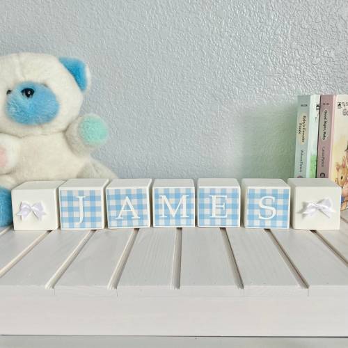 Custom Baby Name Nursery Decor Baby Boy Baby Shower Decor Preppy Baby Name Blocks Blue Gingham Decor Baby Nursery Gift for Baby Shower Gift