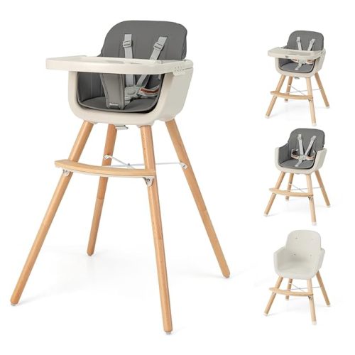 HONEY JOY Baby High Chair, 6-in-1 Eat & Grow Wooden Highchair/Toddler Chair with Removable Tray, 5-Point Harness, PU Cushion and Footrest, Convertible High Chair for Babies and Toddlers(Beige)