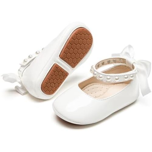 Baby Girls Mary Jane Flats - Infant Newborn Walking Shoes Soft Rubber Sole Princess Wedding